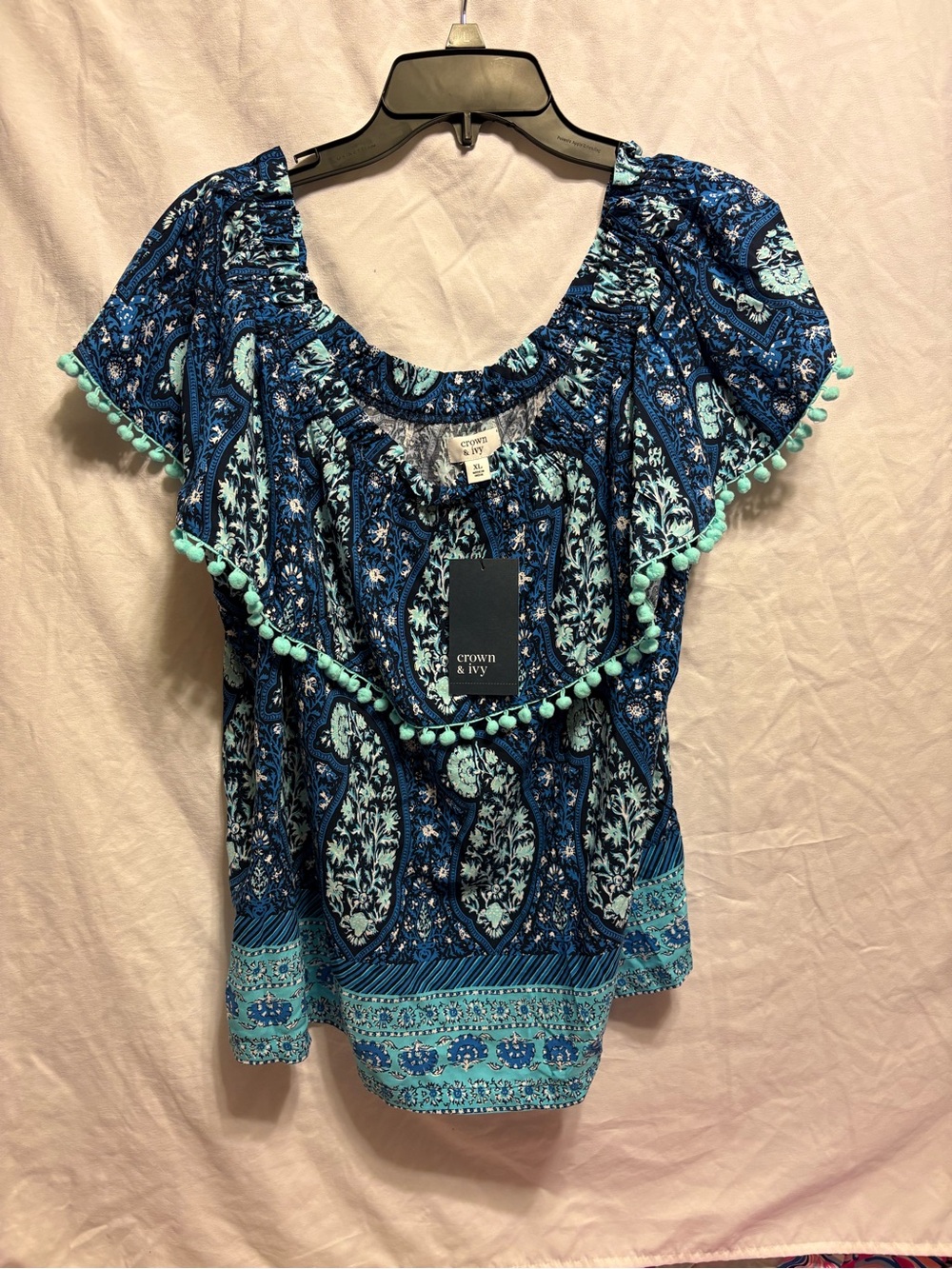 crown & ivy Blue Paisley Pom-Pom Trim Short Sleeve Blouse